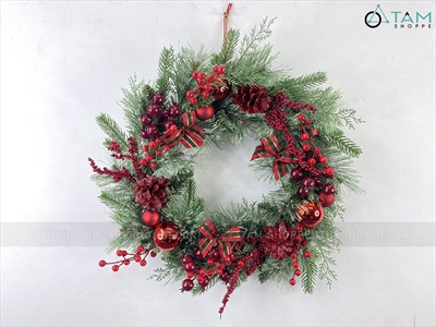 Vòng nguyệt quế 4 loại lá nơ caro đỏ ĐK 55 - 60cm VNGQ-X-42